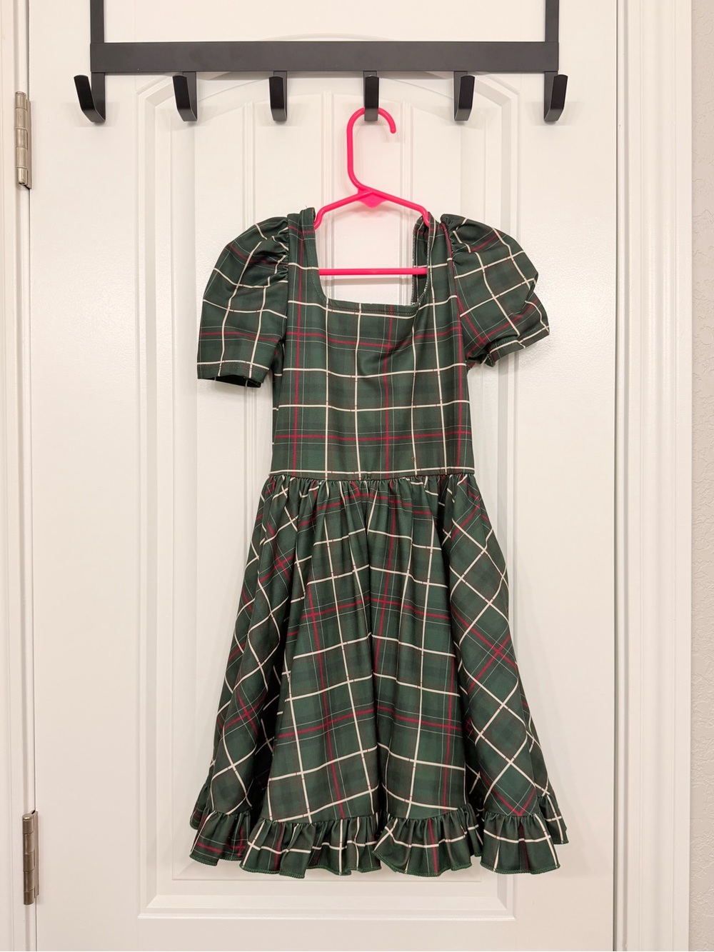 Girls Green Plaid Puff Sleeve Casual Dress